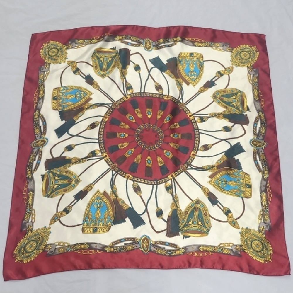 Elegant Red and Cream Satin Scarf Equestrian Style Tassels Shield Square 34"